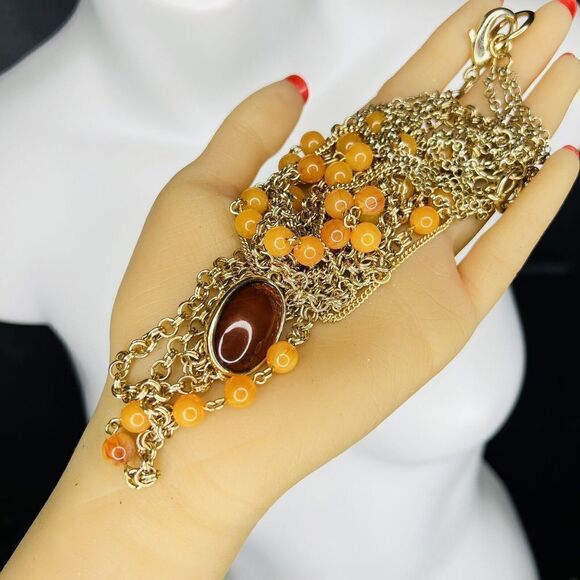 Long Multi Strand Layered Gold Tone wine Red Cabochon Necklace Amber Beads 4181 - Picture 7 of 9